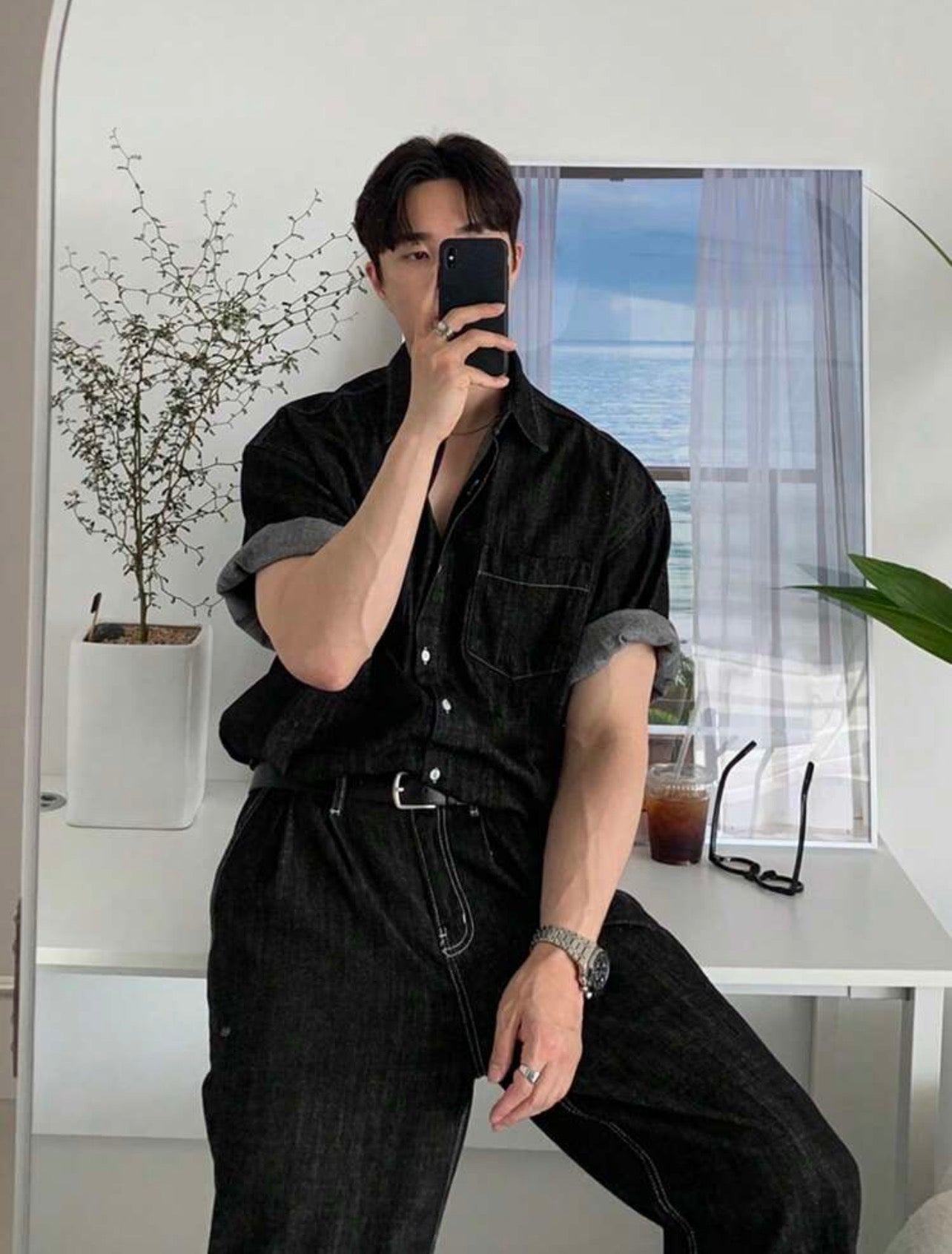 Men’s Solid Color Denim Two-Piece Suit – Casual Spring/Summer Outfit