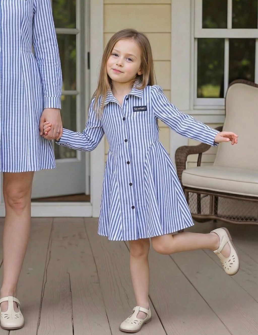 Girls & Mom Matching Striped Collar Belted Long Sleeve Dress for Casual Wear