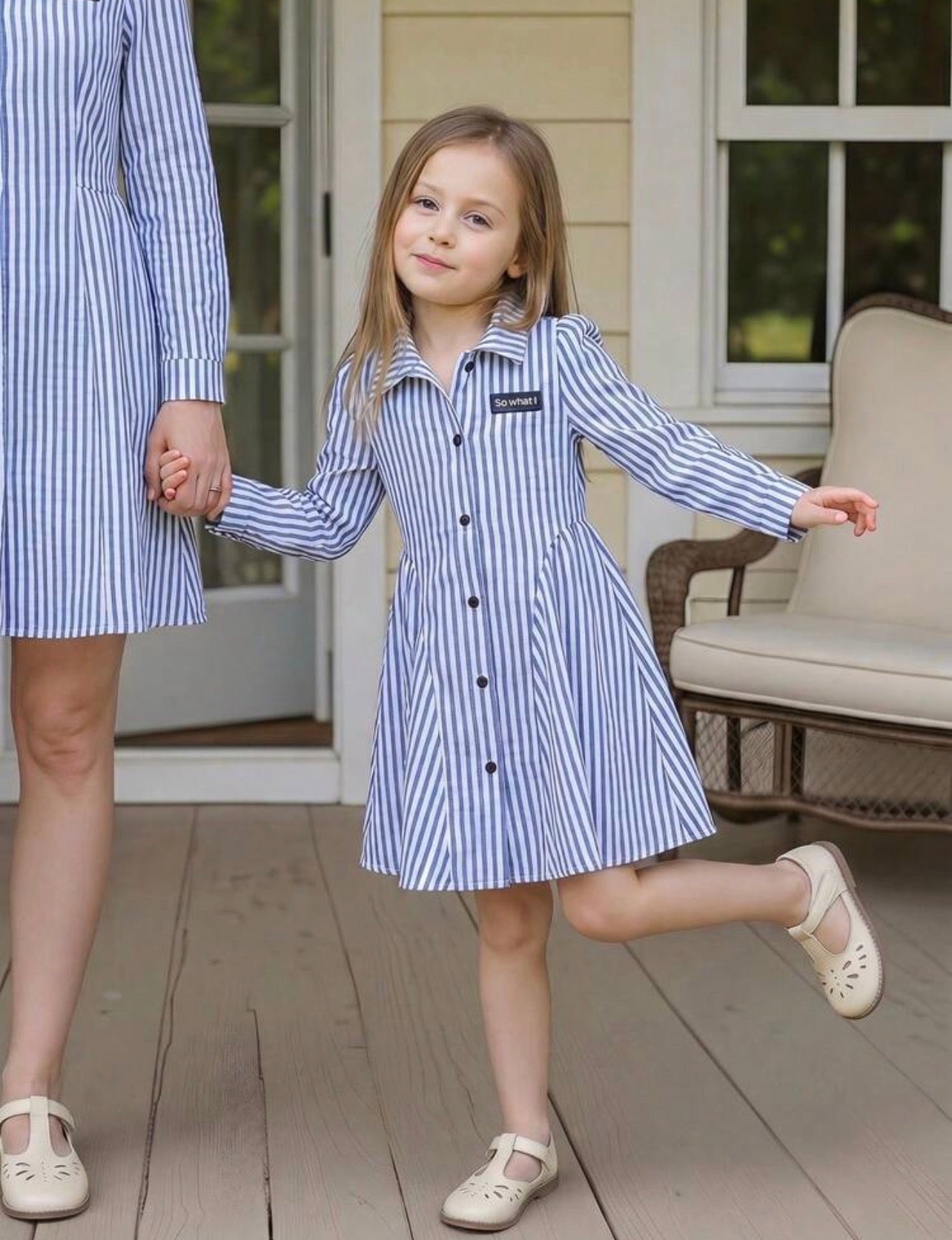 Girls & Mom Matching Striped Collar Belted Long Sleeve Dress for Casual Wear