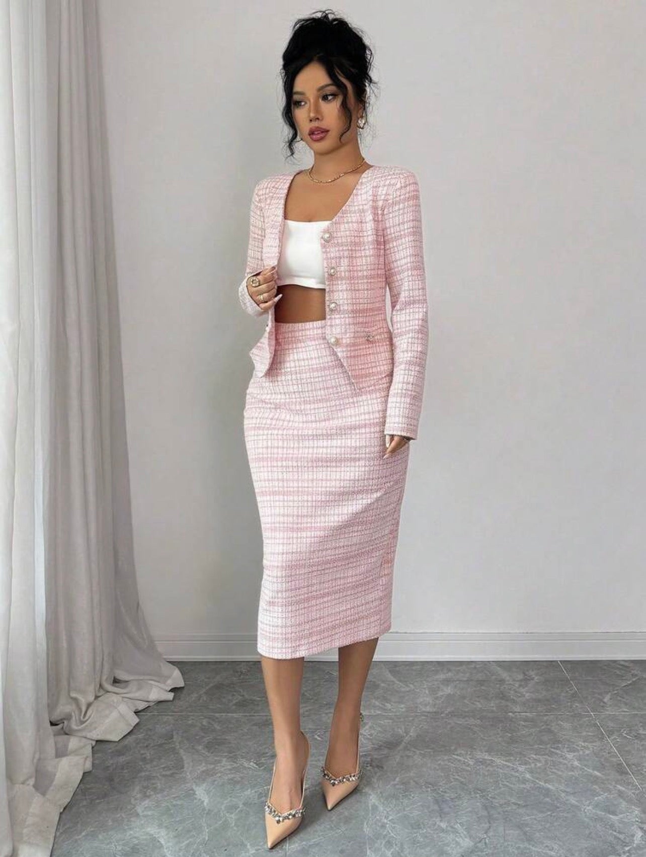 Women’s Elegant Tweed Pearl Button Cardigan & A-Line Skirt Two-Piece Set