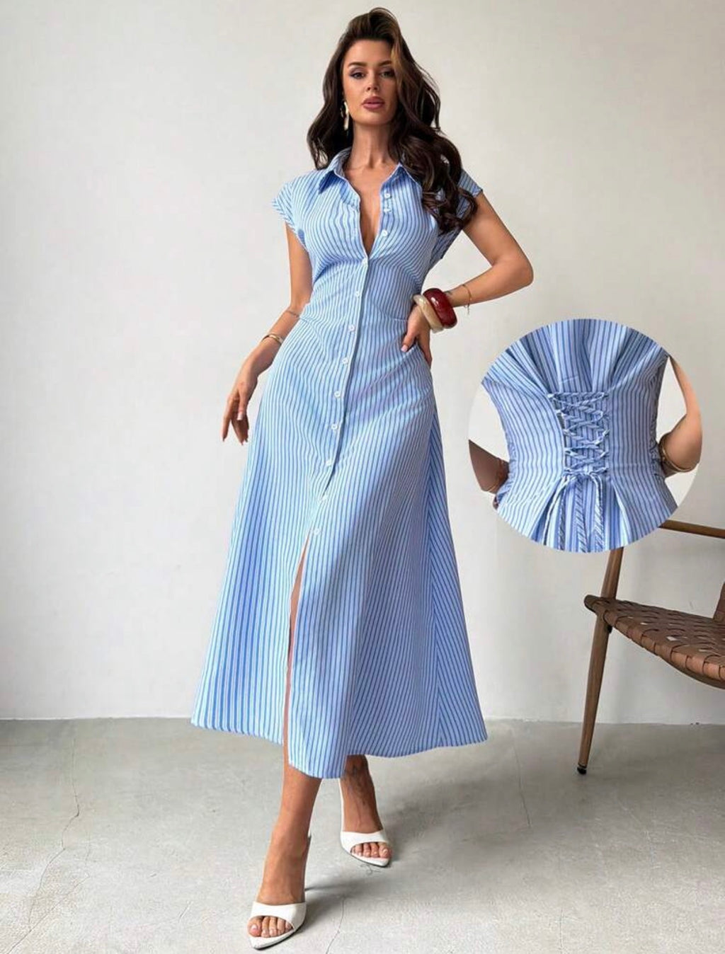 Women’s Striped Puff Sleeve Tie Waist A-Line Midi Shirt Dress – Elegant Casual & Office Wear