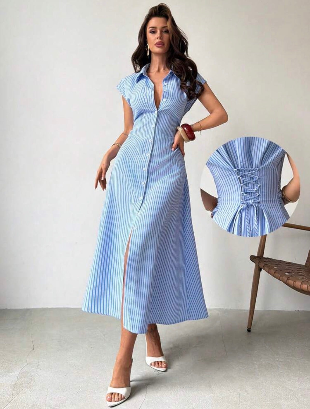 Women’s Striped Puff Sleeve Tie Waist A-Line Midi Shirt Dress – Elegant Casual & Office Wear