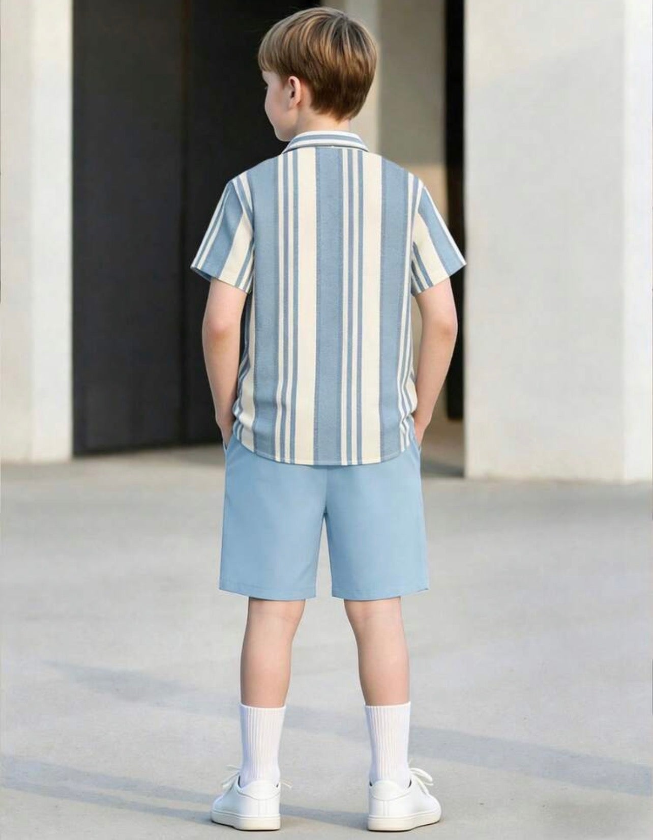 Boys Vertical Stripe Short Sleeve Shirt & Solid Shorts Casual Summer Set