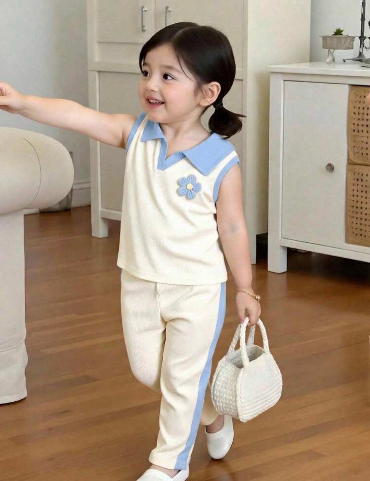 Girls Strawberry Embroidered White Collar Top & Pink Flared Pants Casual Outfit