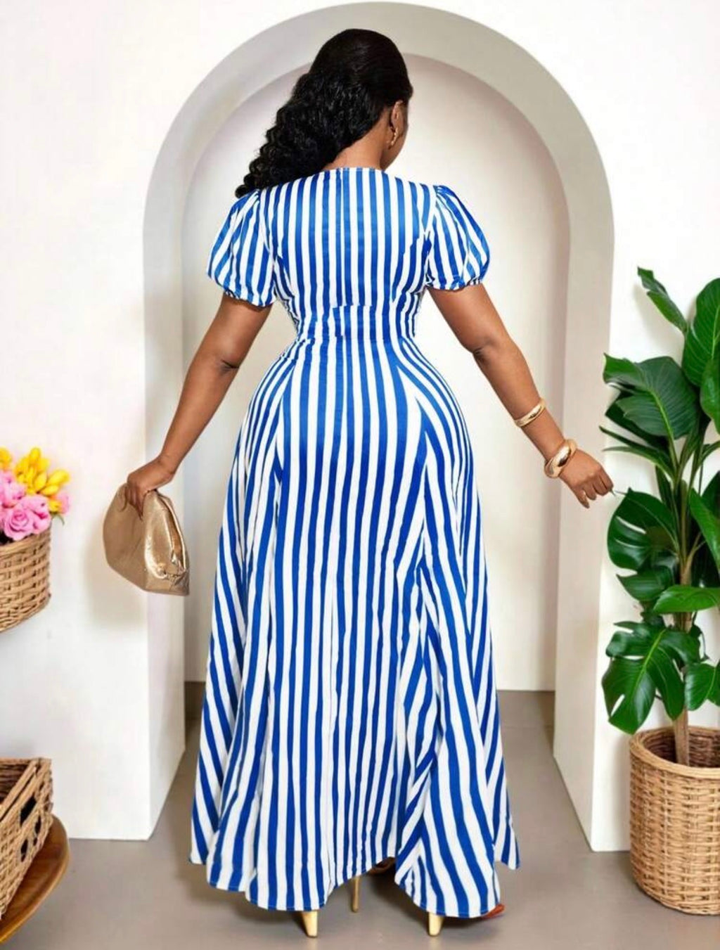 Women’s V-Neck Striped A-Line Maxi Dress – Elegant Casual Occasion Wear