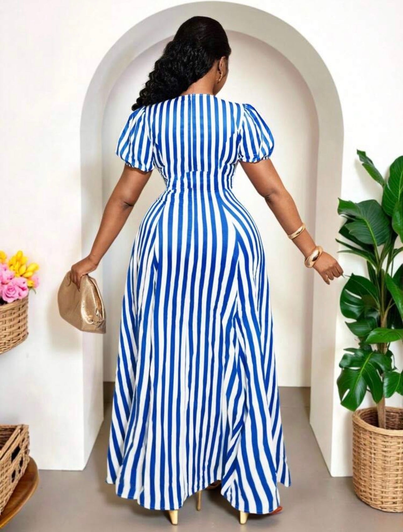 Women’s V-Neck Striped A-Line Maxi Dress – Elegant Casual Occasion Wear