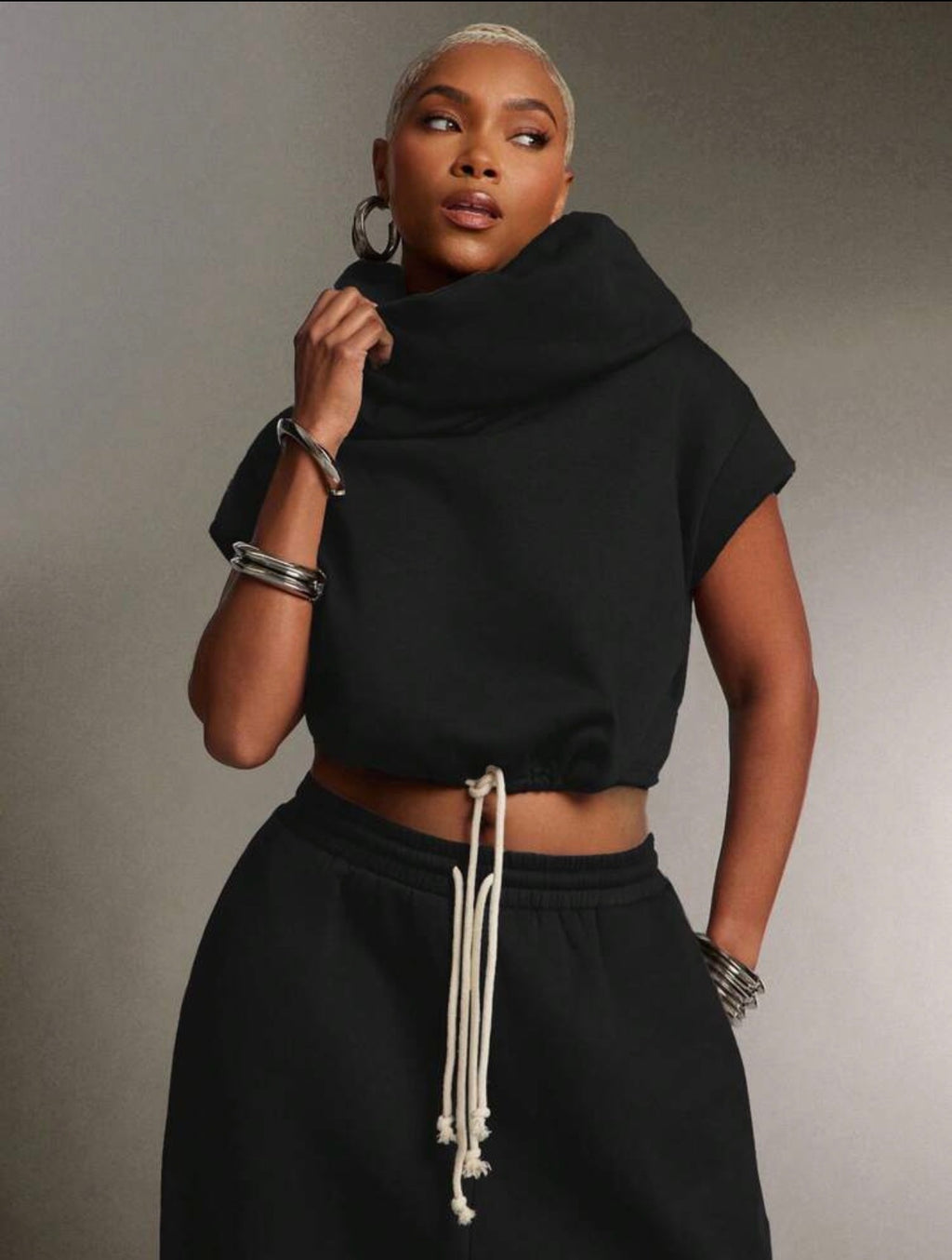 Women’s High Neck Hooded Terry Sweatshirt Top – Multi-Wear Streetwear Hoodie
