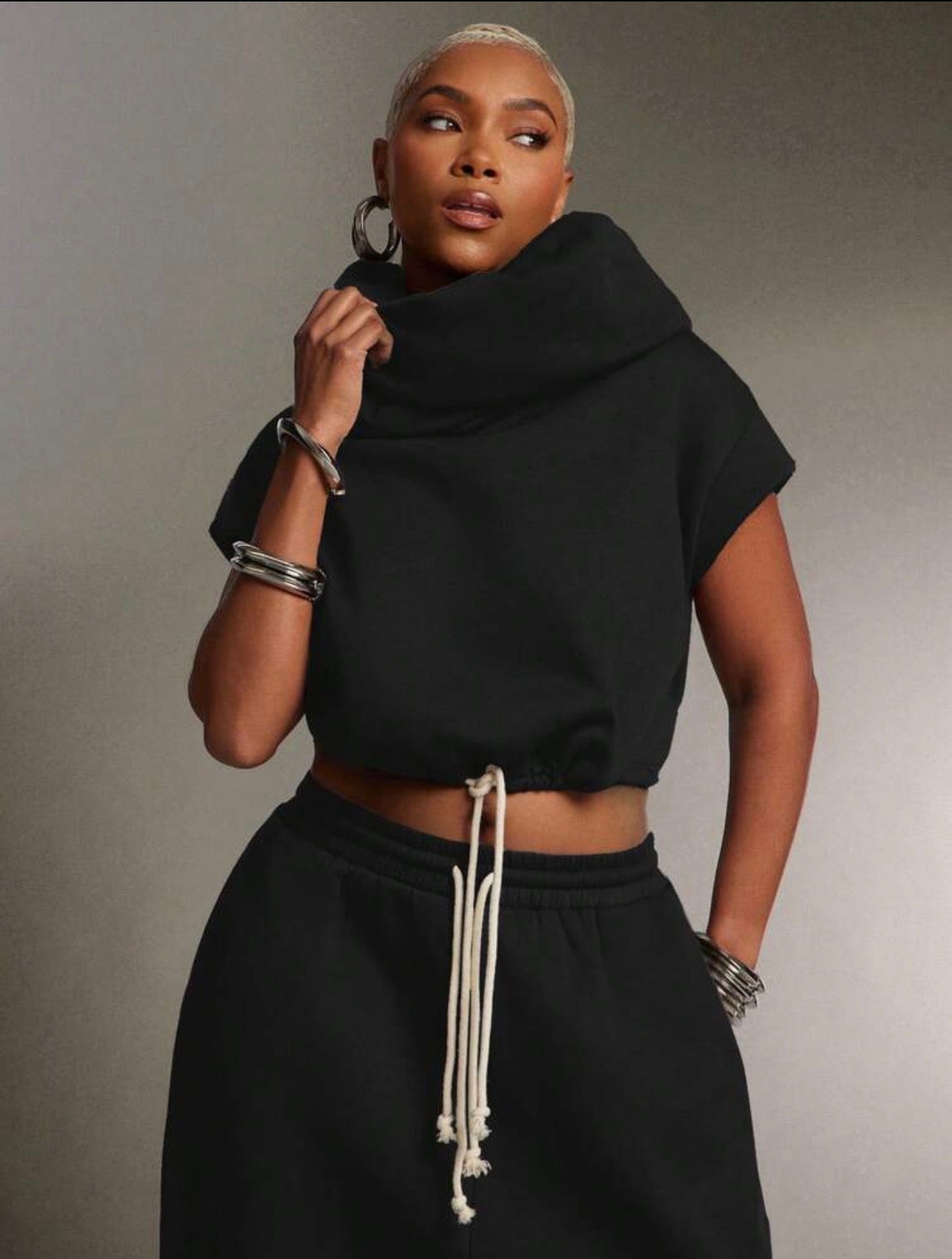 Women’s High Neck Hooded Terry Sweatshirt Top – Multi-Wear Streetwear Hoodie