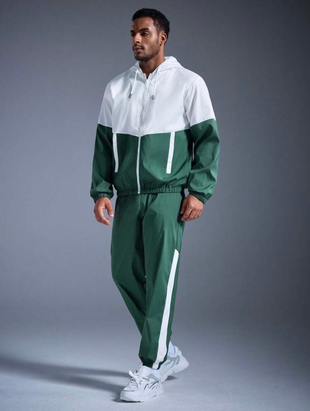 Men’s Contrast Color Hooded Jacket & Sweatpants Two-Piece Tracksuit Set – Sportswear Outfit