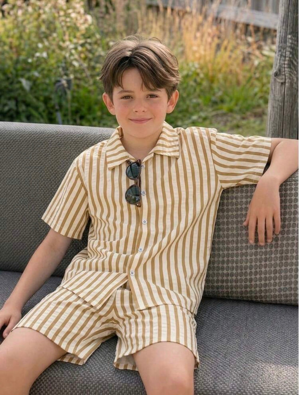 Kids Boys Vertical Striped Short Sleeve Shirt & Casual Shorts 3-Piece Outfit Set
