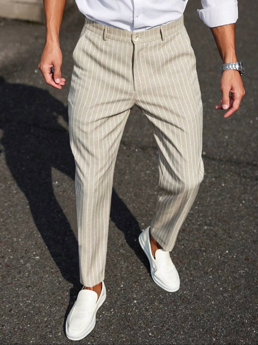 Men’s Striped Tapered Loose Fit Suit Pants with Pockets – Casual Formal Trousers