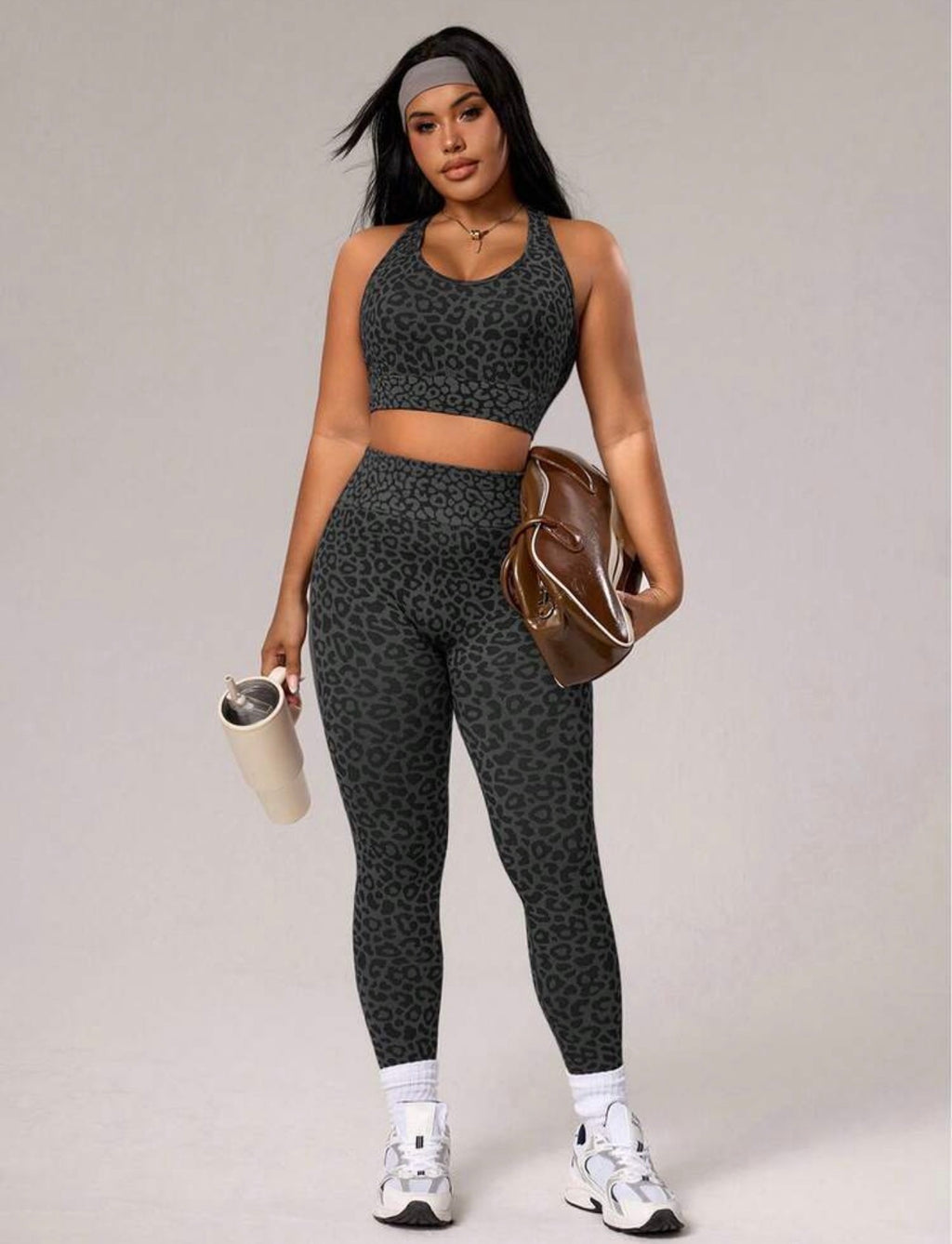 Women’s Plus Size Leopard Jacquard Camisole & Leggings Two-Piece Sports Set
