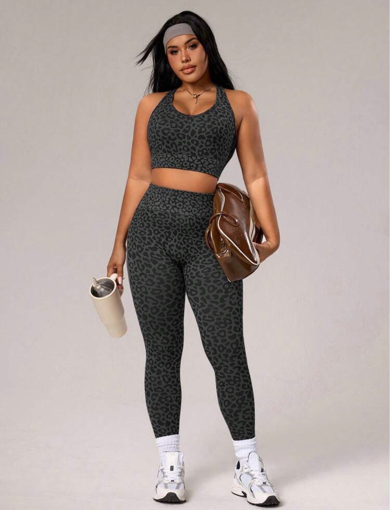 Women’s Plus Size Leopard Jacquard Camisole & Leggings Two-Piece Sports Set