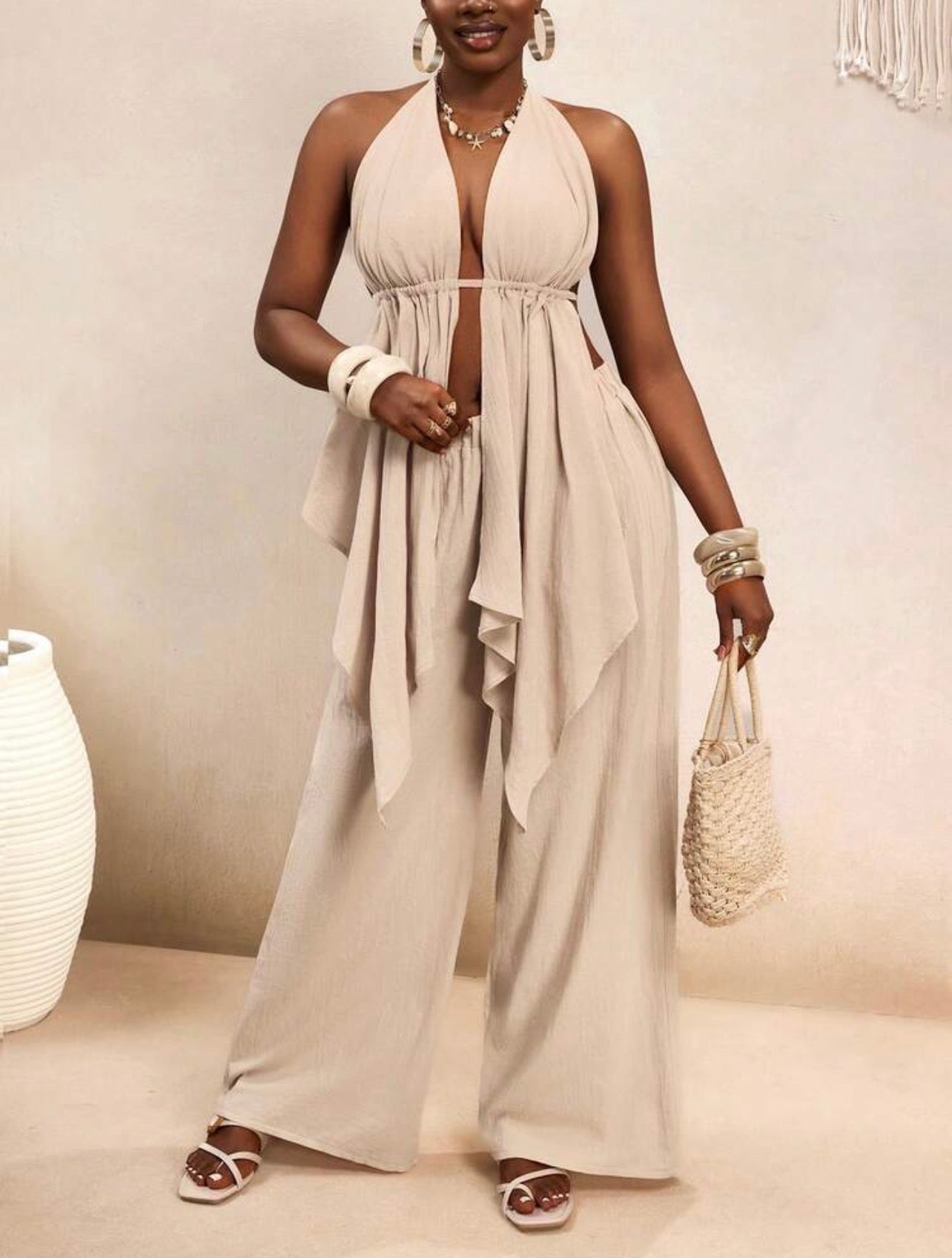 Women’s Bohemian Halter Backless Flowy Top & Wide Leg Pants Casual Vacation Set