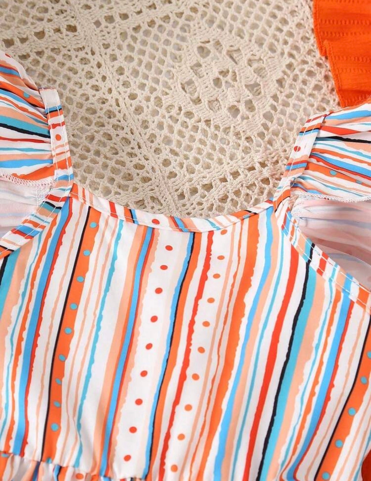 3-Piece Girls Floral & Striped Ruffle Cuff Square Collar Dress Set for Summer
