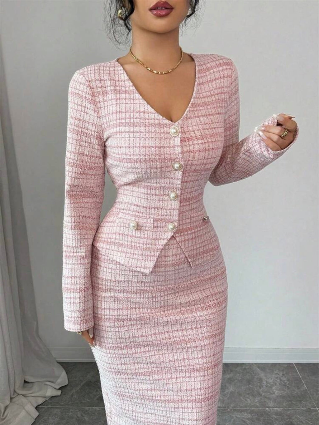 Women’s Elegant Tweed Pearl Button Cardigan & A-Line Skirt Two-Piece Set