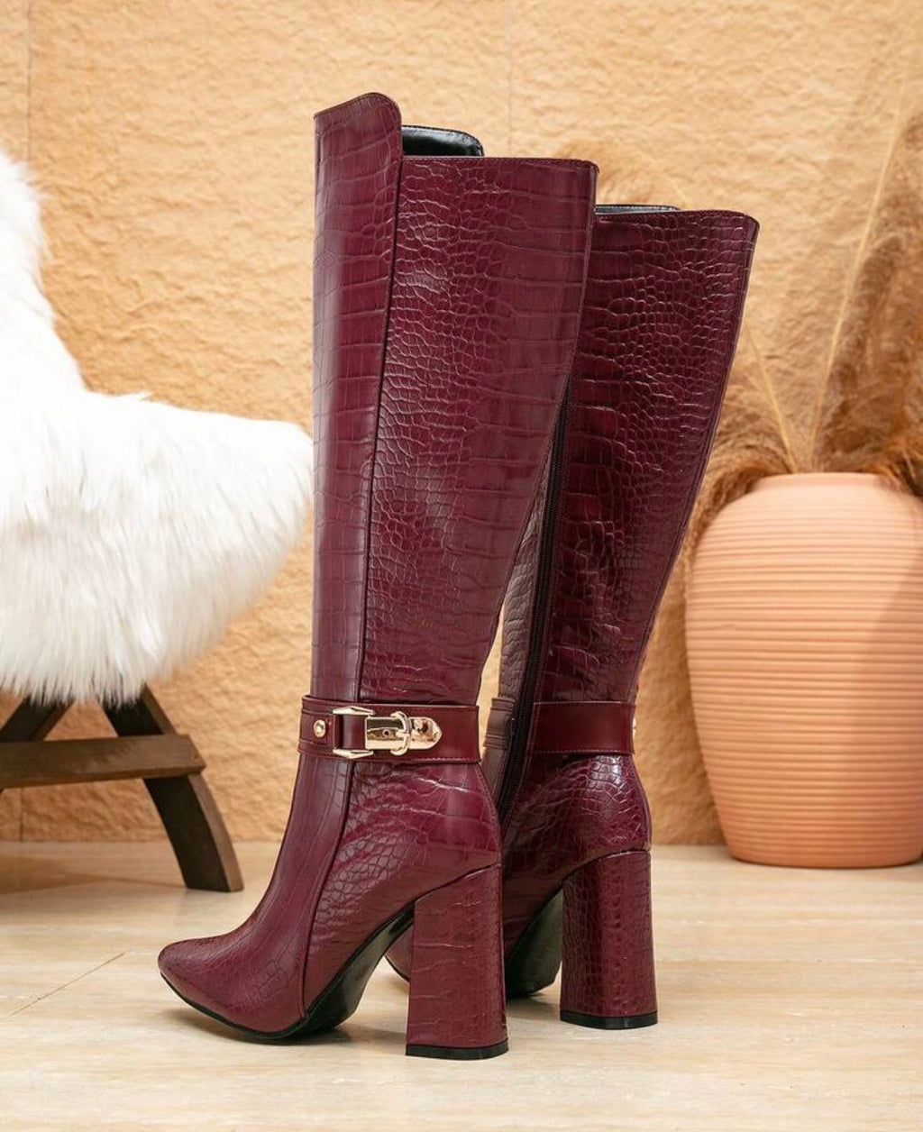 Women’s Brown Alligator Print Knee-High Boots with Pointed Toe & Block Heel