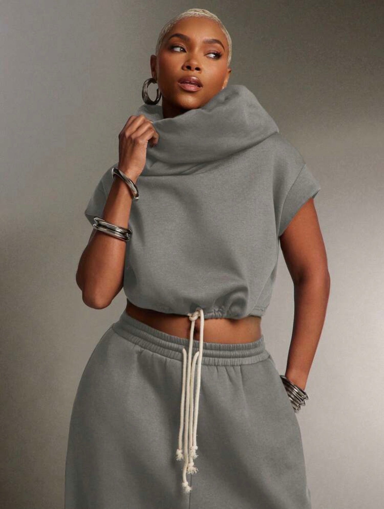 Women’s High Neck Hooded Terry Sweatshirt Top – Multi-Wear Streetwear Hoodie