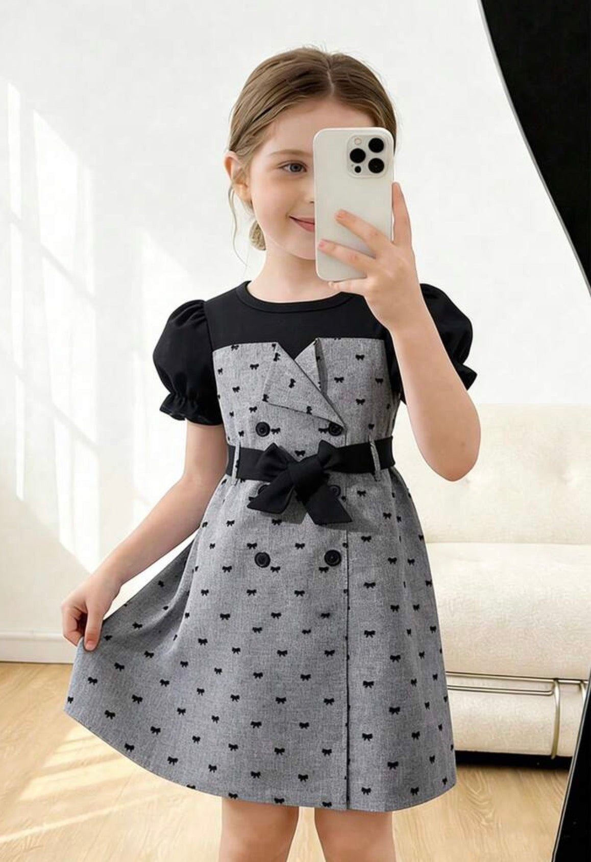 Girls Contrast Color Petal Sleeve Bow Detail A-Line Dress for Parties & Casual Wear