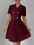 Women’s Double-Breasted Short Sleeve Top & Pleated Skirt Two-Piece Set