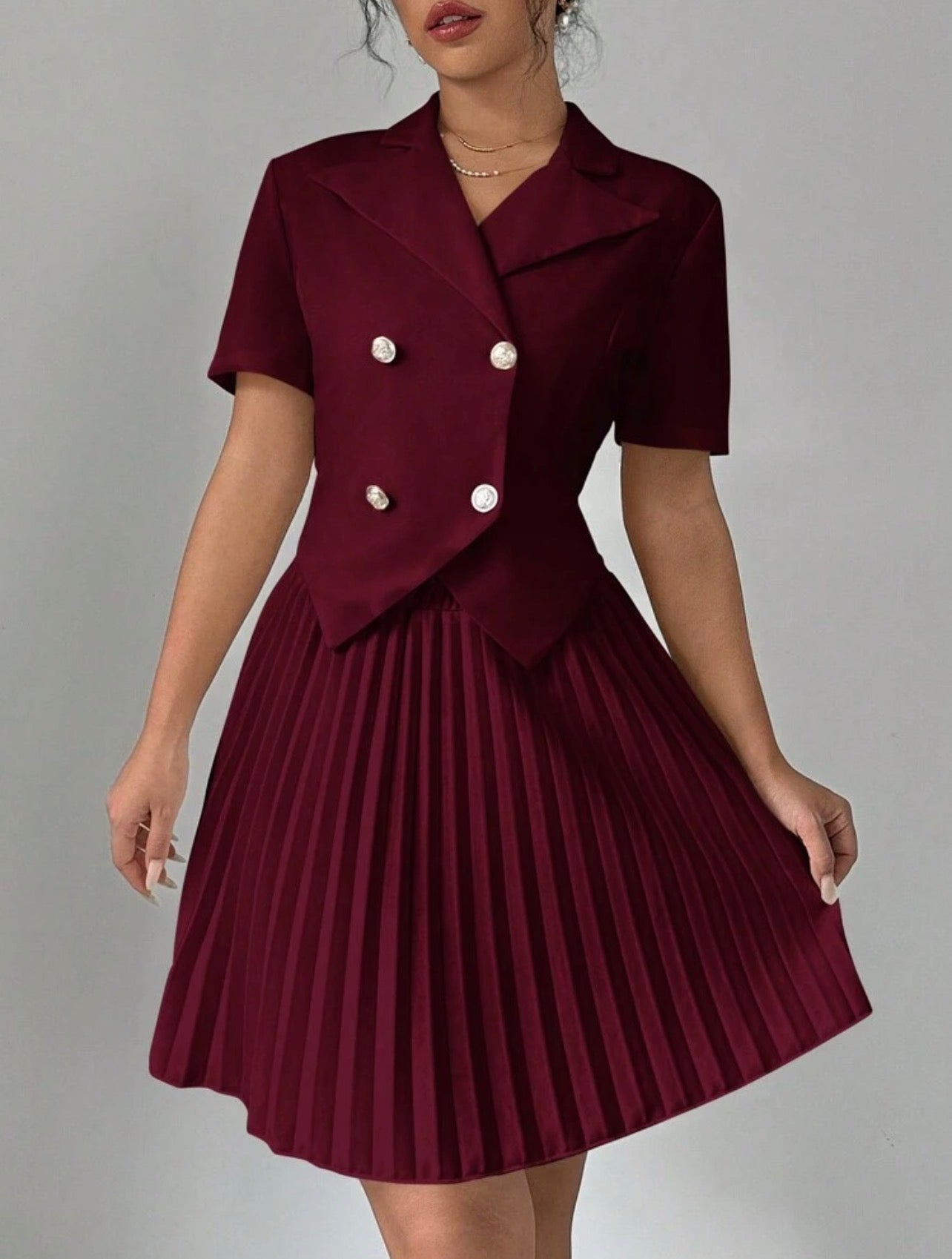 Women’s Double-Breasted Short Sleeve Top & Pleated Skirt Two-Piece Set