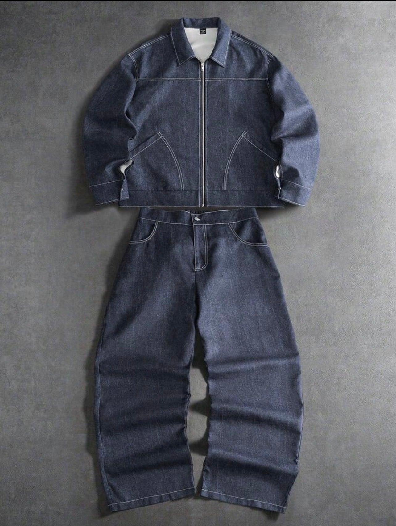 Men’s Denim Collar Long Sleeve Shirt & Pants Two-Piece Streetwear Set