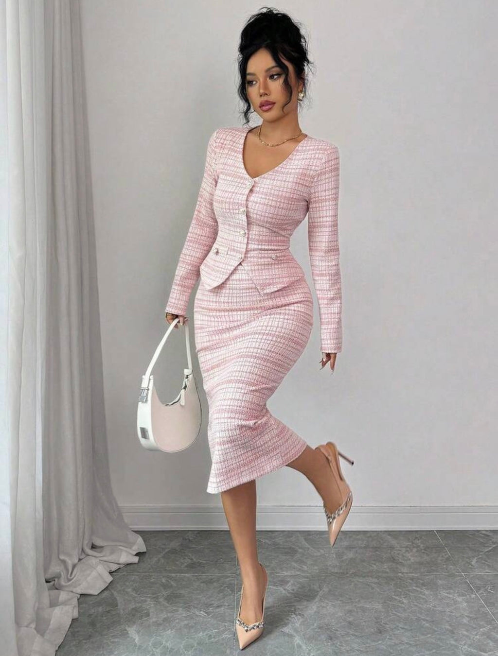 Women’s Elegant Tweed Pearl Button Cardigan & A-Line Skirt Two-Piece Set