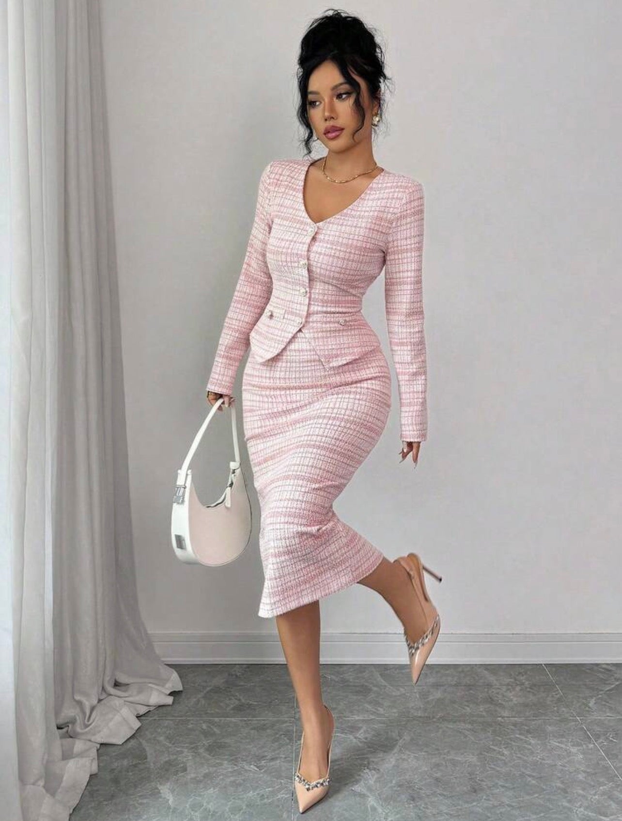 Women’s Elegant Tweed Pearl Button Cardigan & A-Line Skirt Two-Piece Set