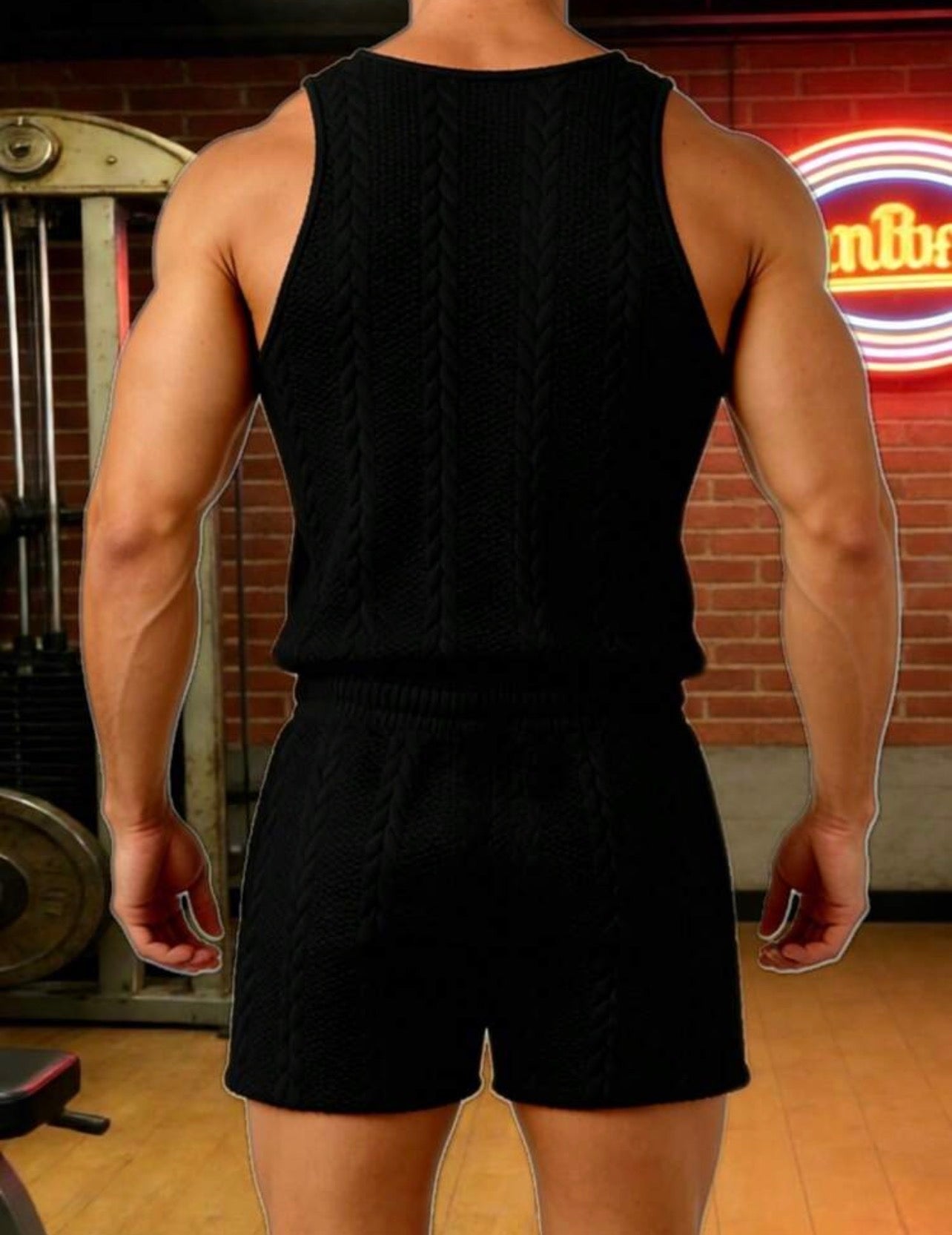 Men’s solid color sports set with round neck tank top and drawstring shorts, comfortable athletic outfit for training, gym, and casual wear.