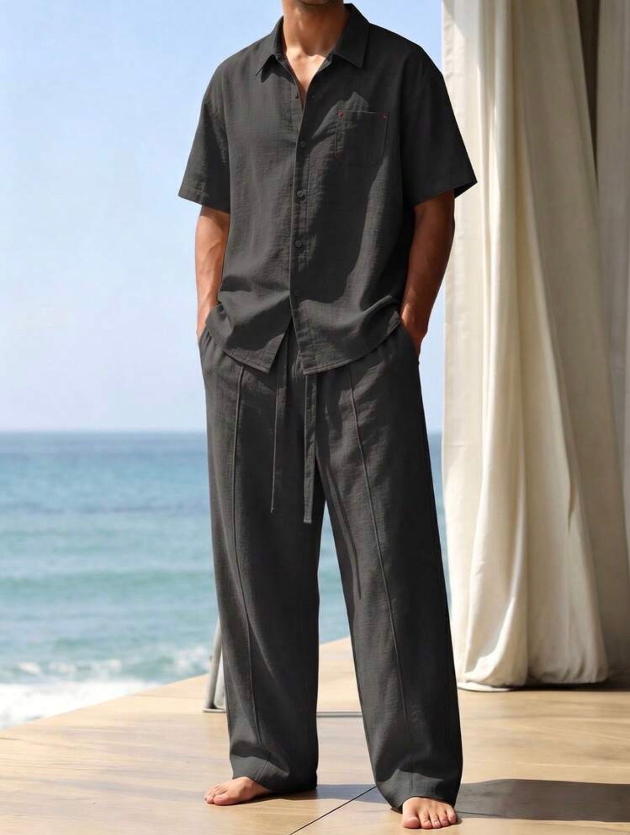 Men’s Linen-Like Vacation Two-Piece Set – Loose Fit Shirt & Long Pants Beach Outfit