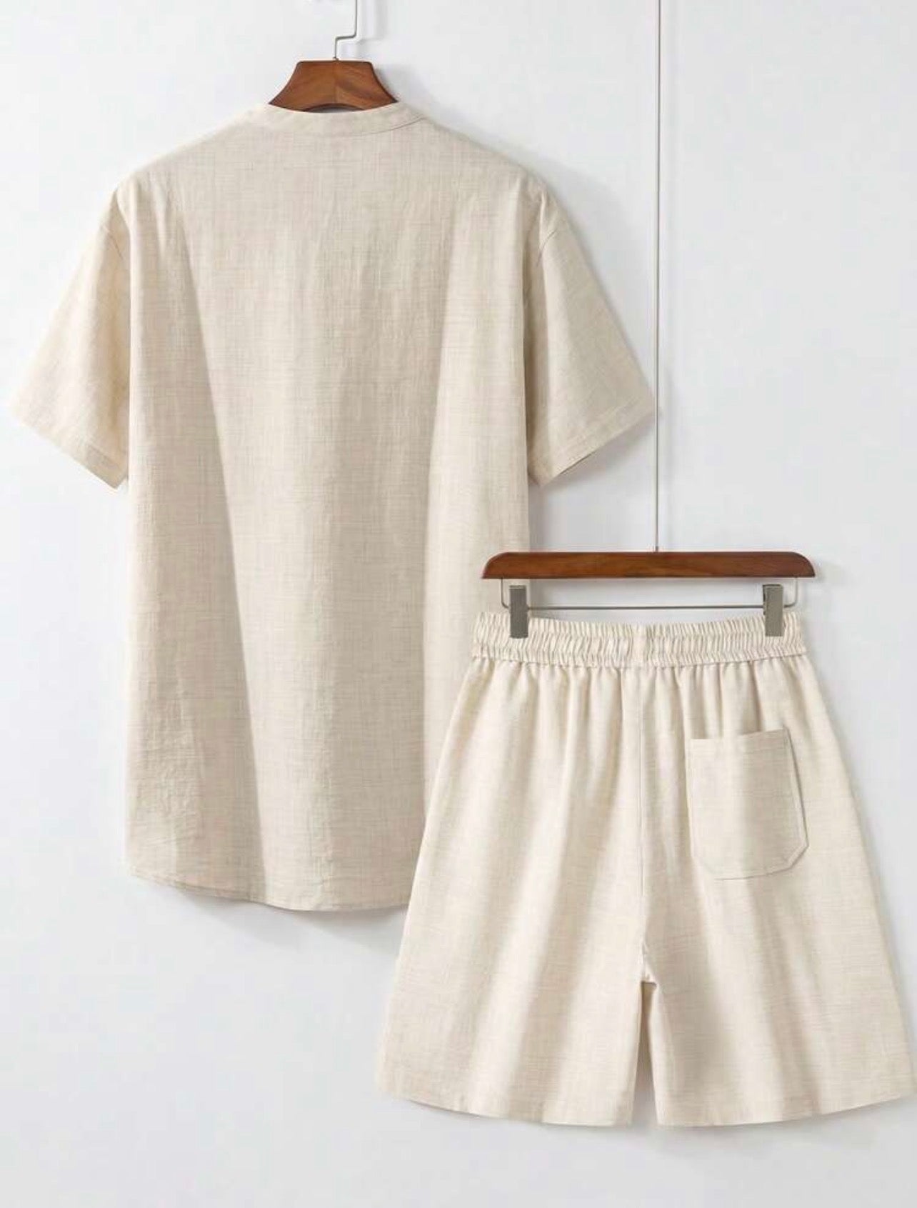 Men’s Linen-Look Henley Neck Polo Shirt & Shorts Two-Piece Set – Casual Summer Outfit