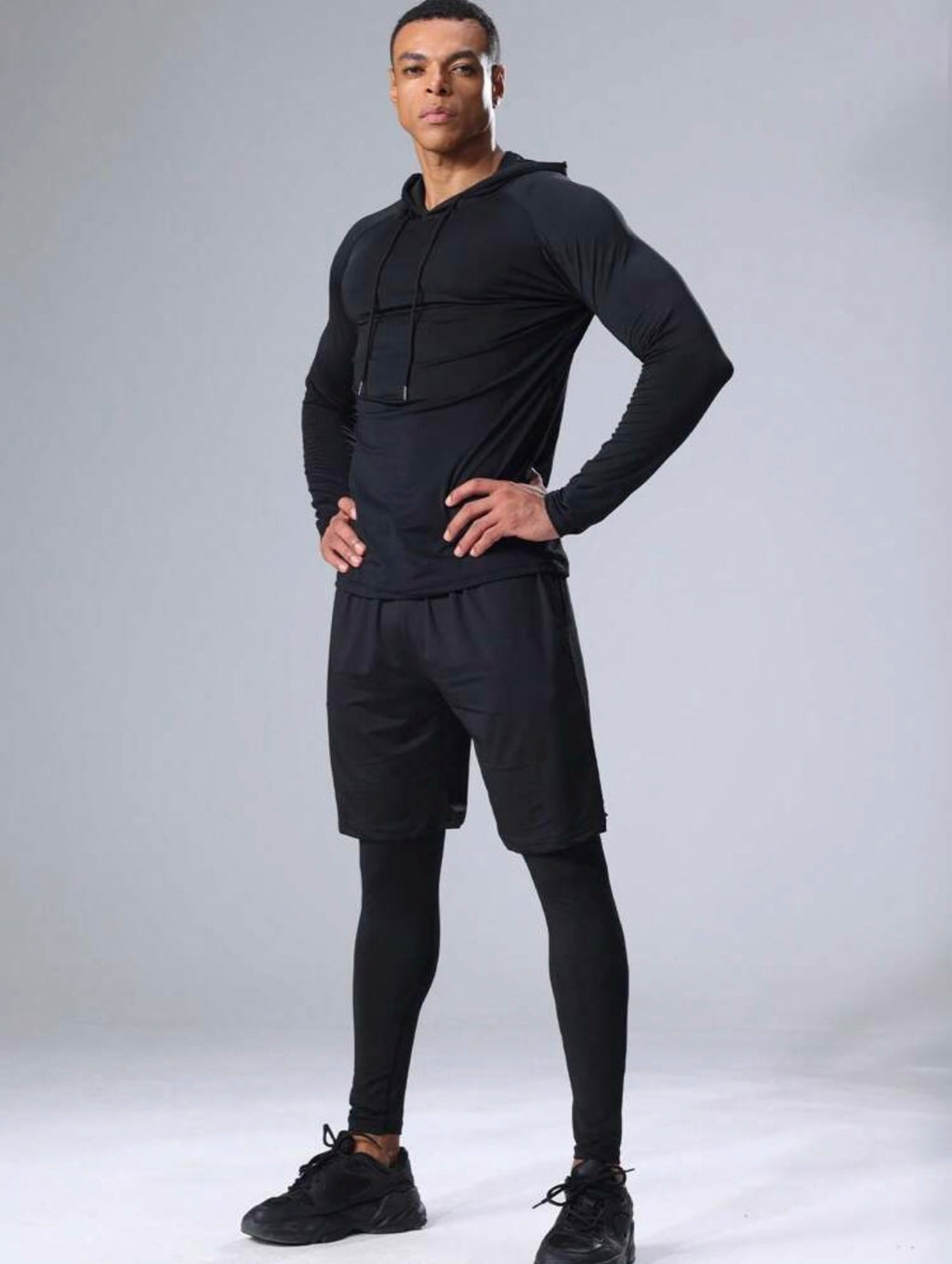 Men’s 3-Piece Compression Sports Set with Long Sleeve Shirt, Hoodie & Fitness Pants