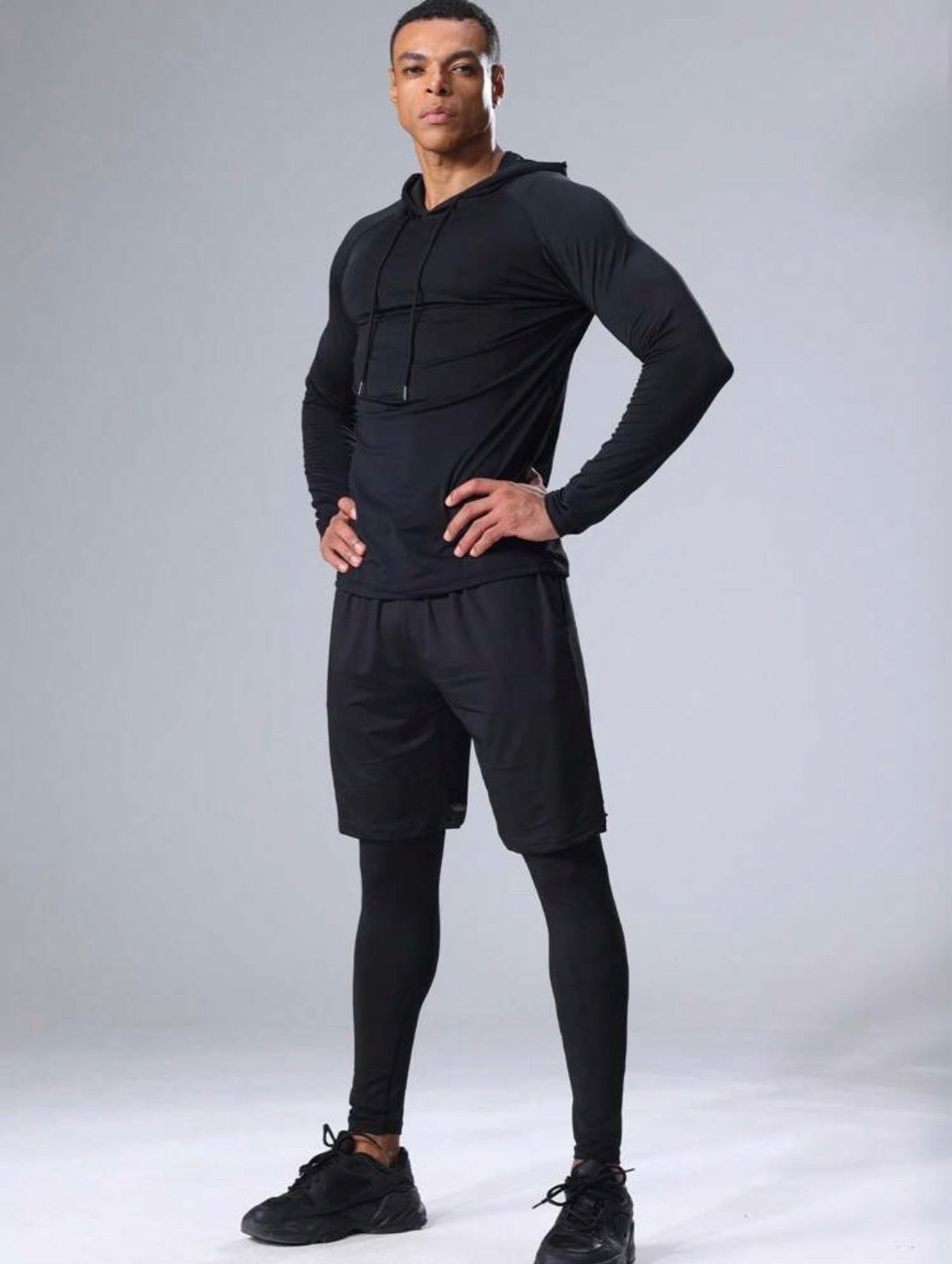 Men’s 3-Piece Compression Sports Set with Long Sleeve Shirt, Hoodie & Fitness Pants