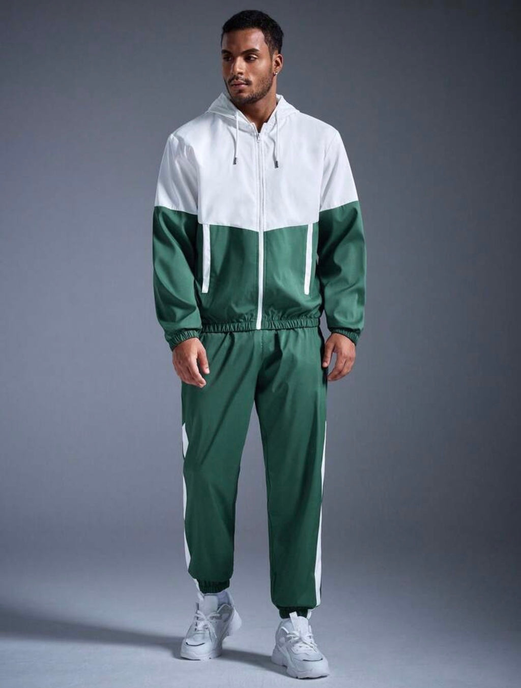 Men’s Contrast Color Hooded Jacket & Sweatpants Two-Piece Tracksuit Set – Sportswear Outfit