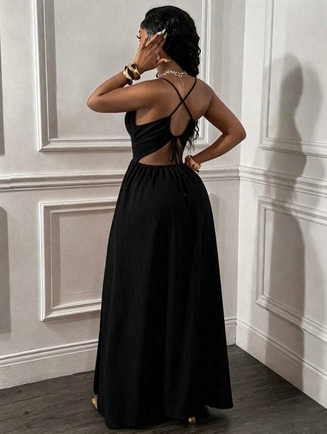 Women’s Spaghetti Strap Backless Criss-Cross High Slit Ruched Hem Dress