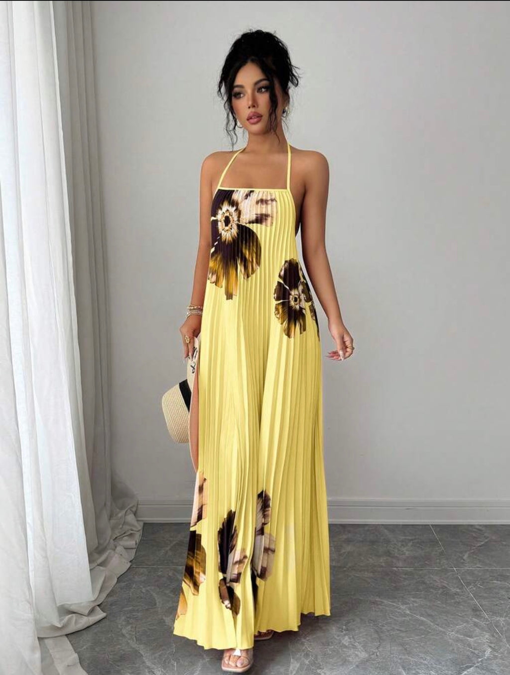 Women’s Loose Fit Pleated Printed Maxi Dress – Elegant Casual Vacation Style