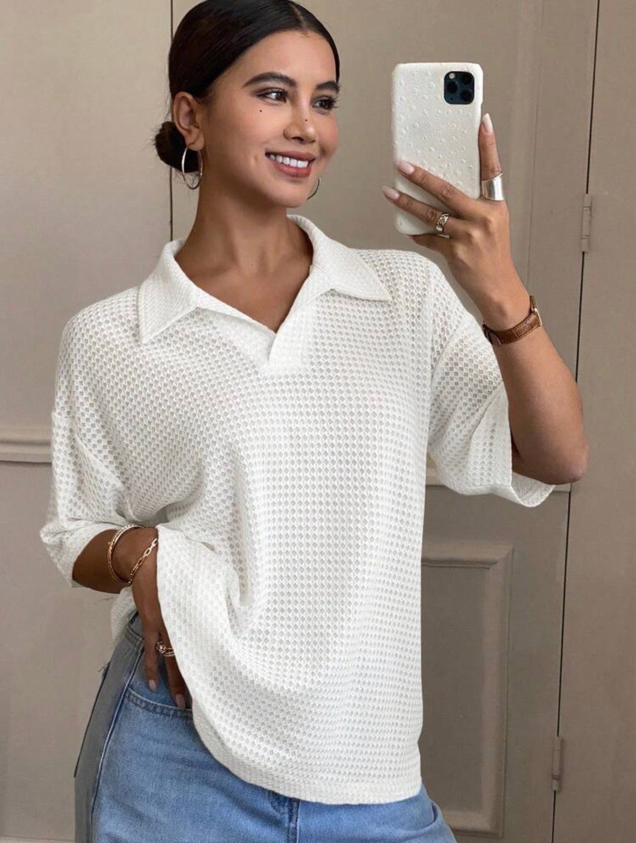 Women’s Textured Polo Neck Loose Fit T-Shirt – Casual Solid Color Top