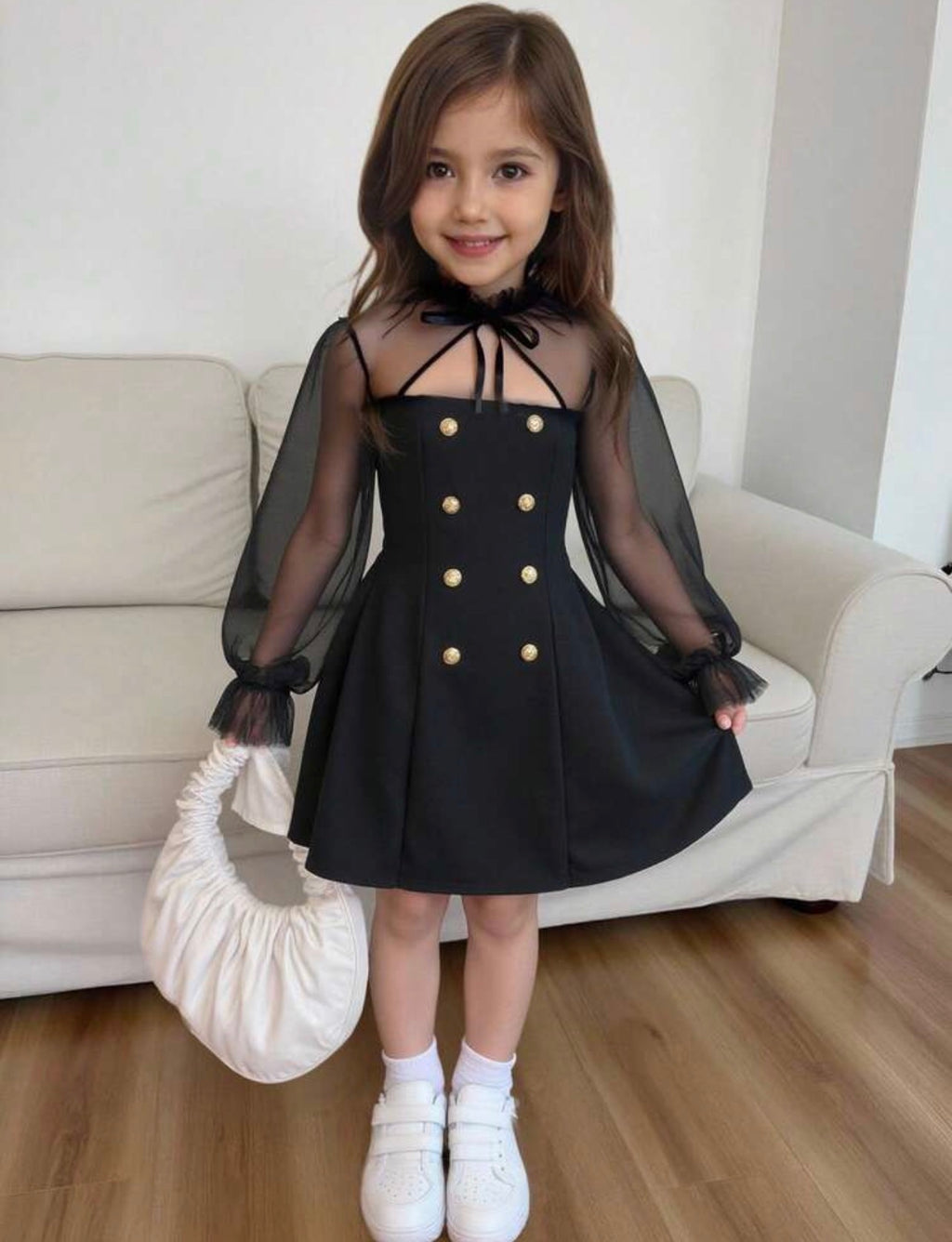 Girls Bow Detail Black A-Line Dress with Mesh Flare Sleeves & Turtleneck Design
