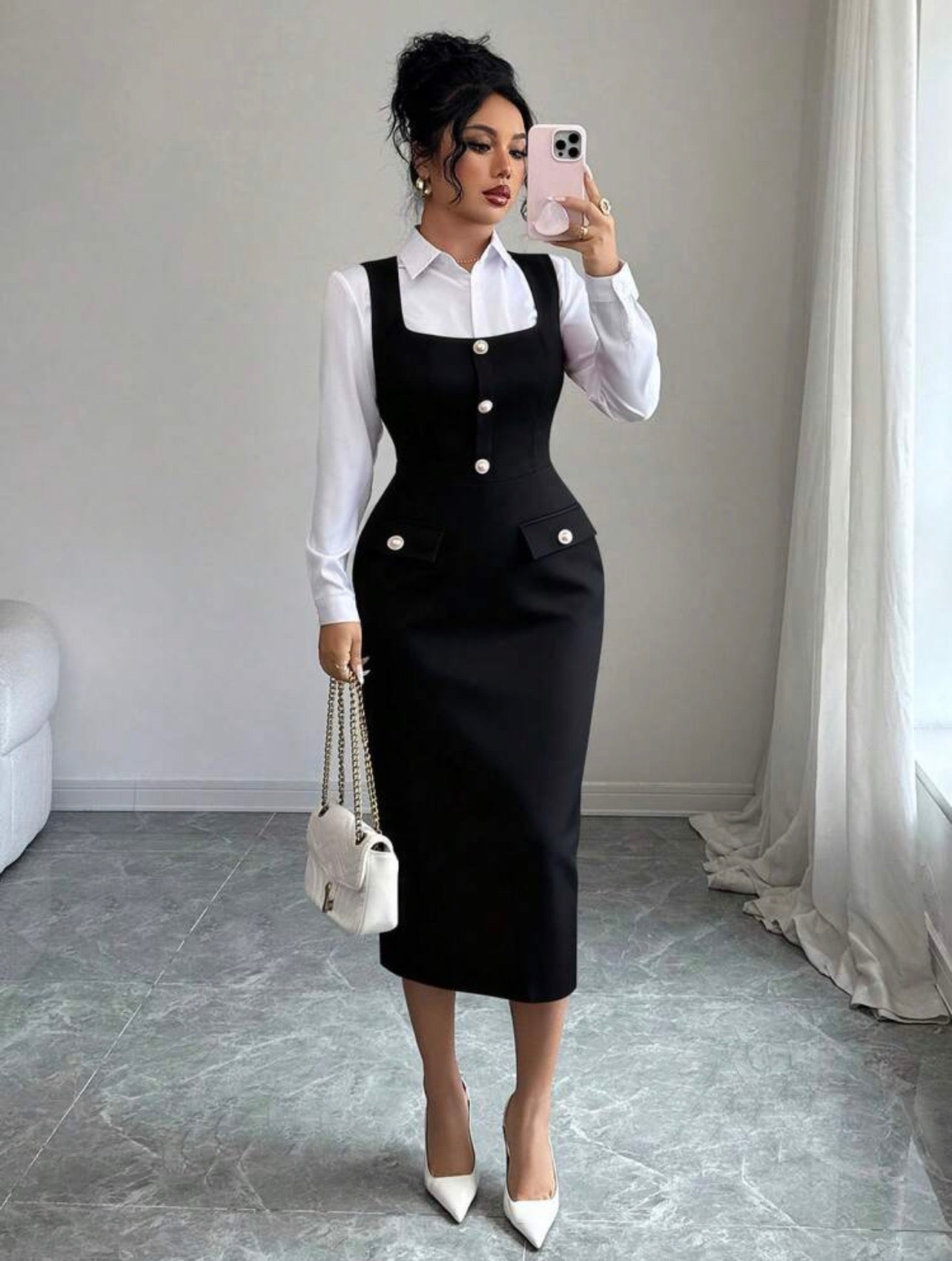 Women’s Elegant Textured Knit Square Neck Sleeveless Pearl Button Dress