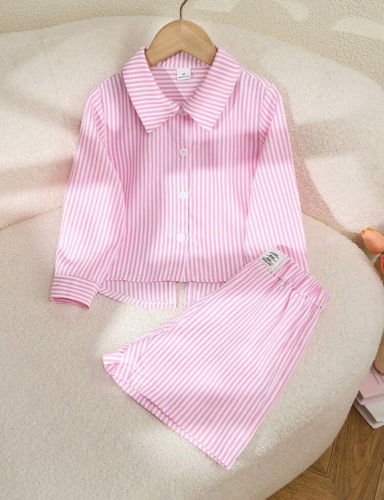 Girls Patchwork Contrast Collar Long Sleeve Shirt & Striped Pants Outfit Set