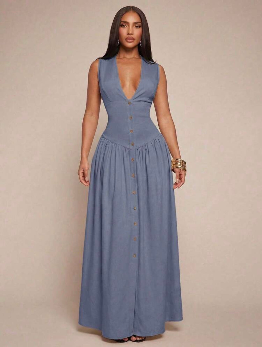 Elegant Minimalist V-Neck Sleeveless Waist-Cinched Button Front Flowy Dress for Women