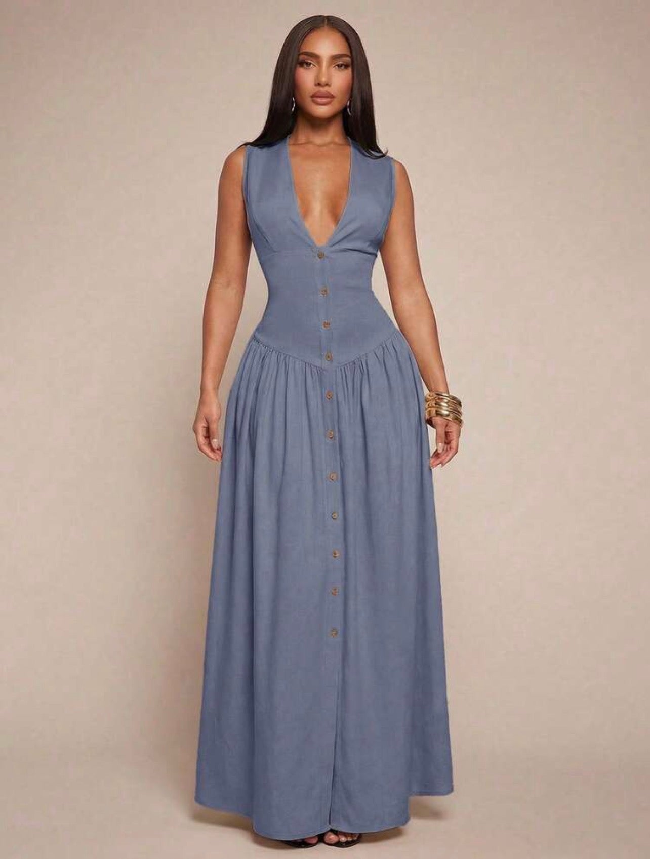 Elegant Minimalist V-Neck Sleeveless Waist-Cinched Button Front Flowy Dress for Women