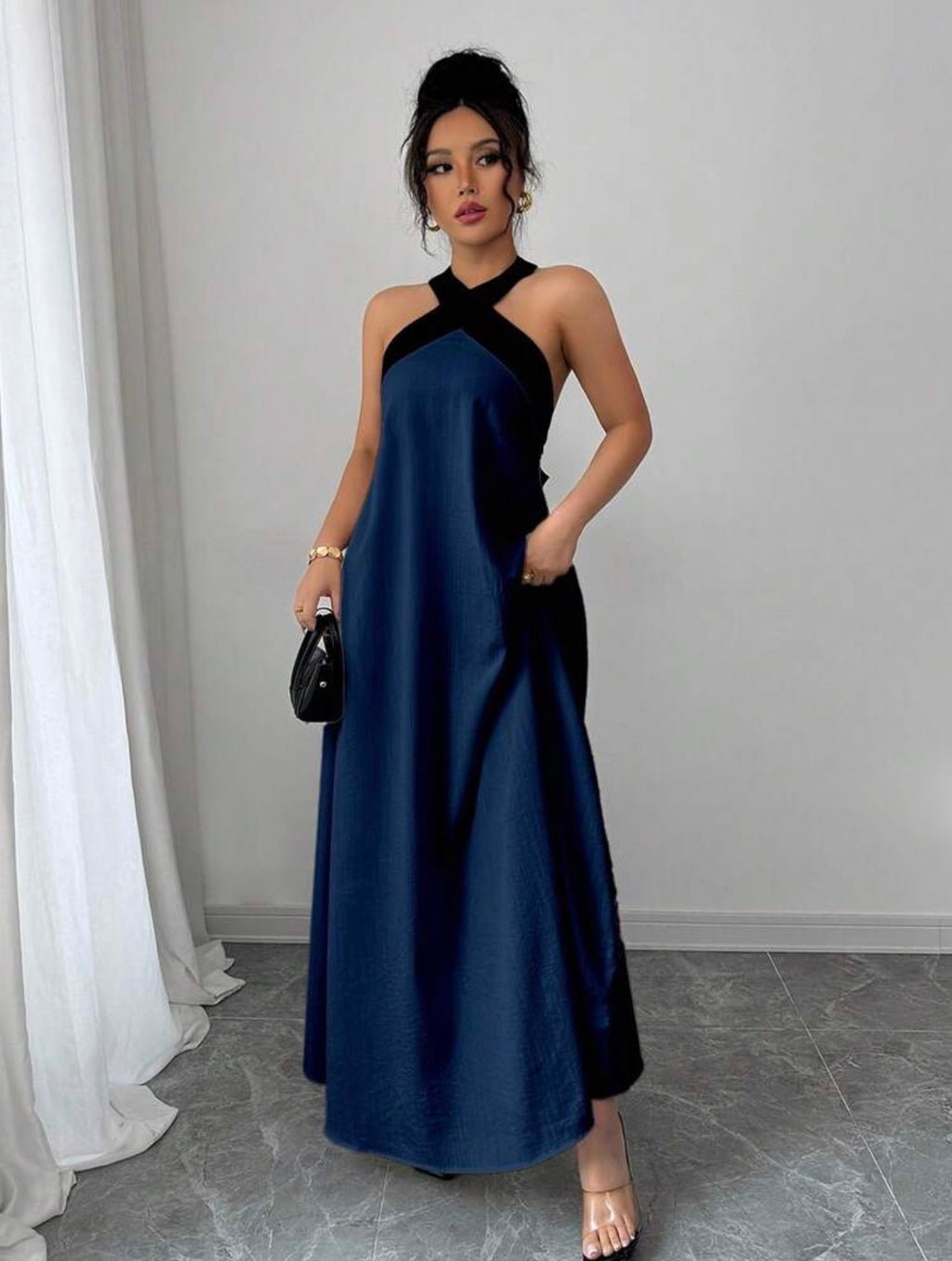 Elegant Color Block Halter Backless Bowknot Strap Sleeveless Maxi Dress – Casual Resort We