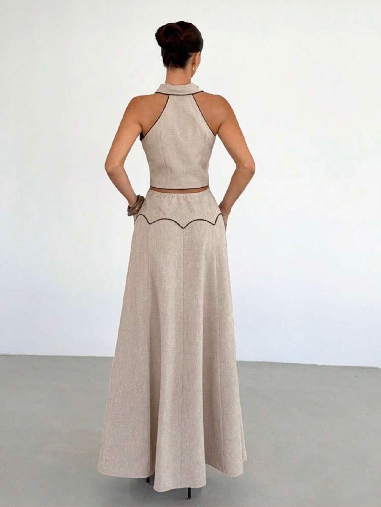 Women’s Linen Sleeveless Collared Top & High-Waisted Long Skirt Two-Piece Set