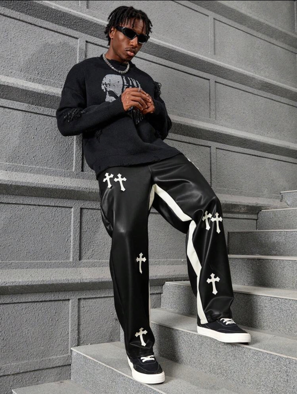 Men’s Cross Print Color Block PU Leather Baggy Pants – Casual Streetwear Trousers