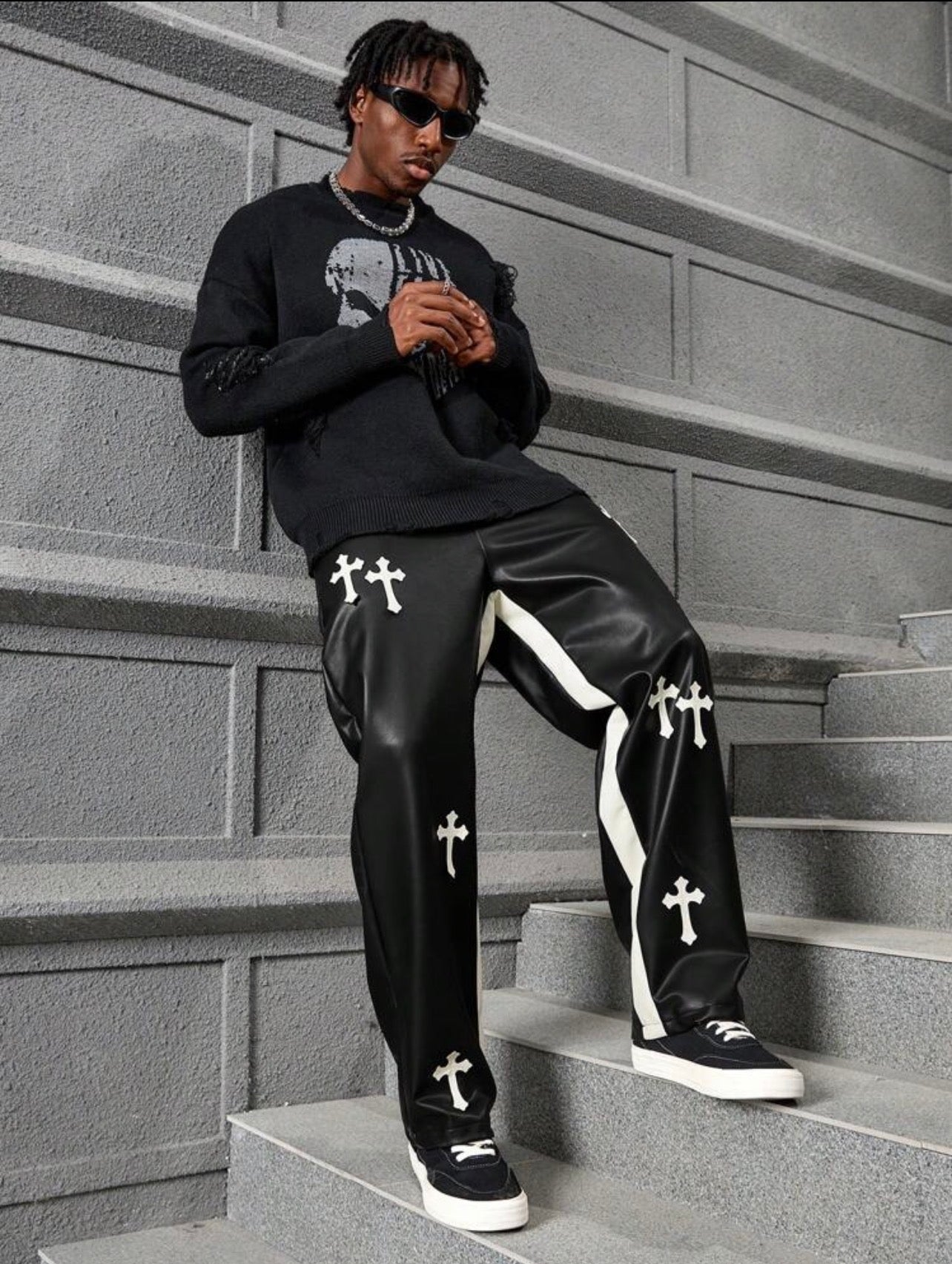 Men’s Cross Print Color Block PU Leather Baggy Pants – Casual Streetwear Trousers