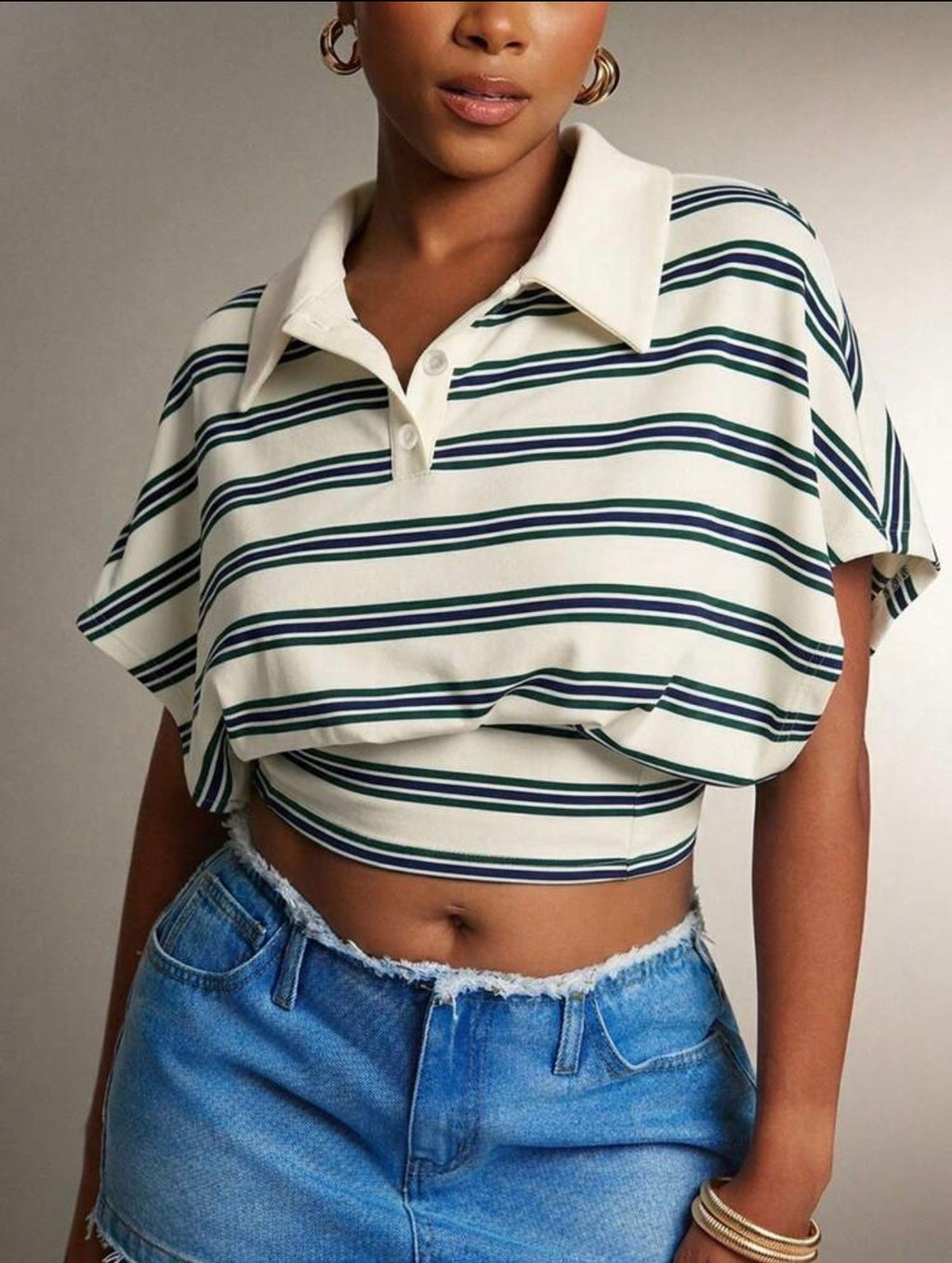 Women’s Cinched Waist Striped Polo Collar Top – Fashion Casual Shirt