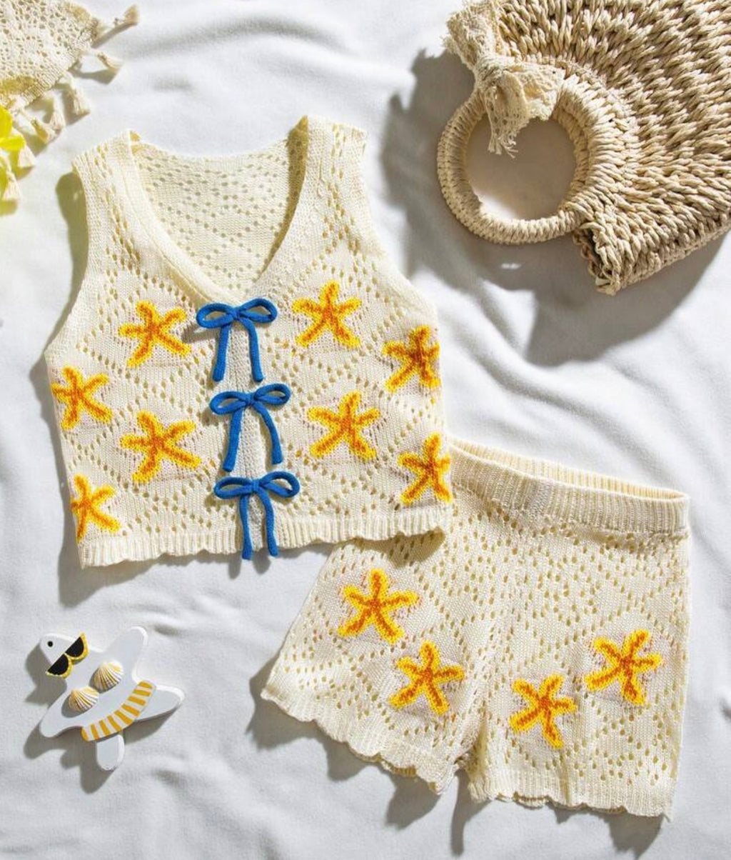 Girls Contrast Color V-Neck Knit Cover-Up Top & Shorts 2-Piece Set