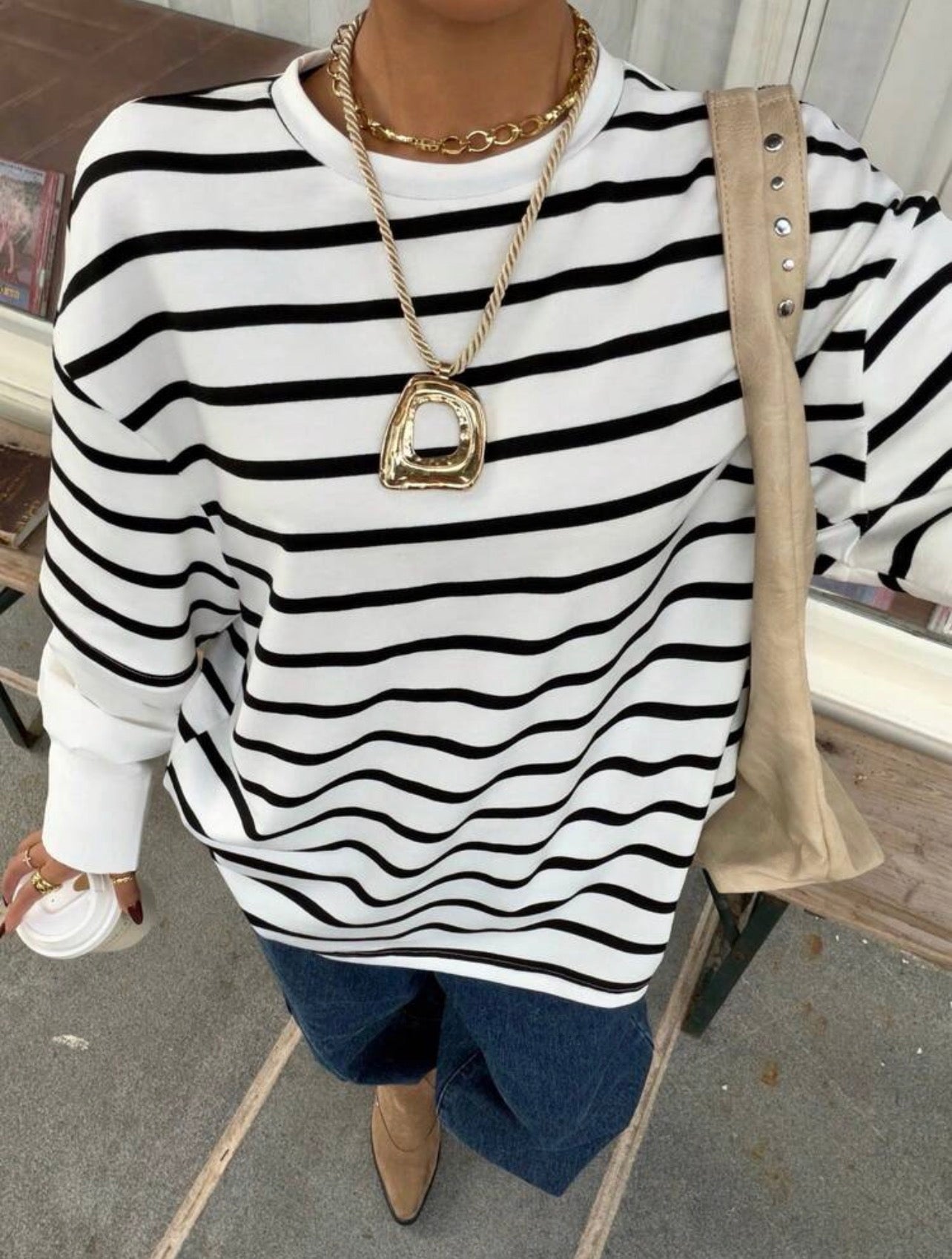 Women’s 2-in-1 Black Striped Patchwork Round Neck Loose Long Sleeve T-Shirt – Casual Top
