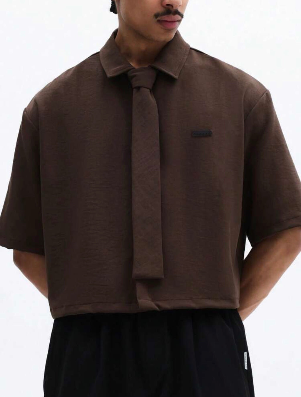 Men’s Cropped Button-Down Short Sleeve Shirt with Tie Detail – Casual Business Top